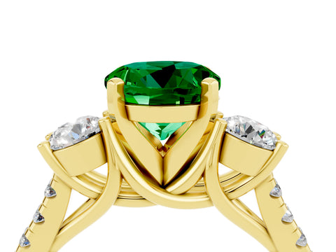 Yellow gold Three-Stone Round Cut Emerald Pavé Band with Four-Prong Setting_4