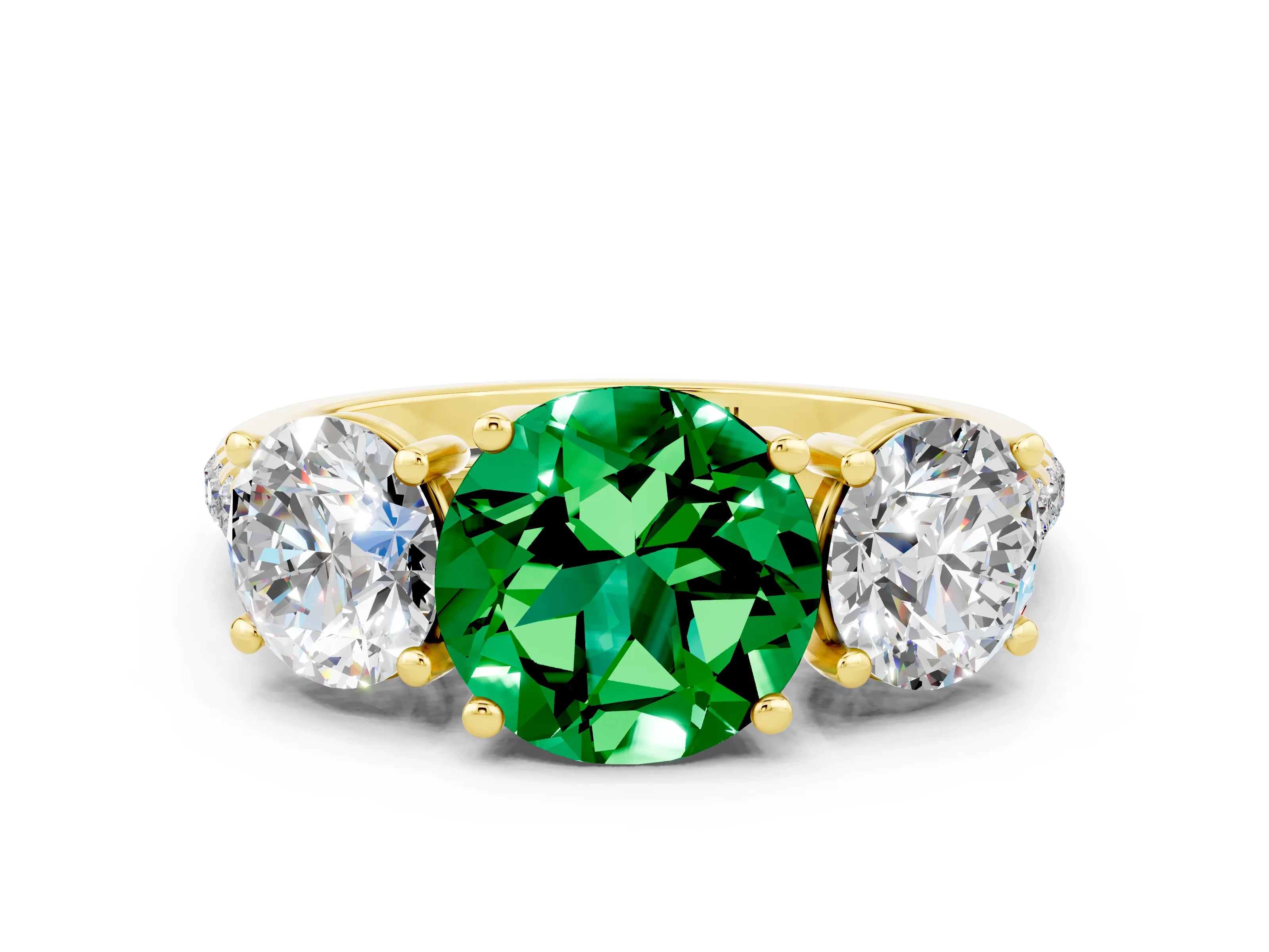 Yellow gold Three-Stone Round Cut Emerald Ring with Pavé Band and Prong Setting_12
