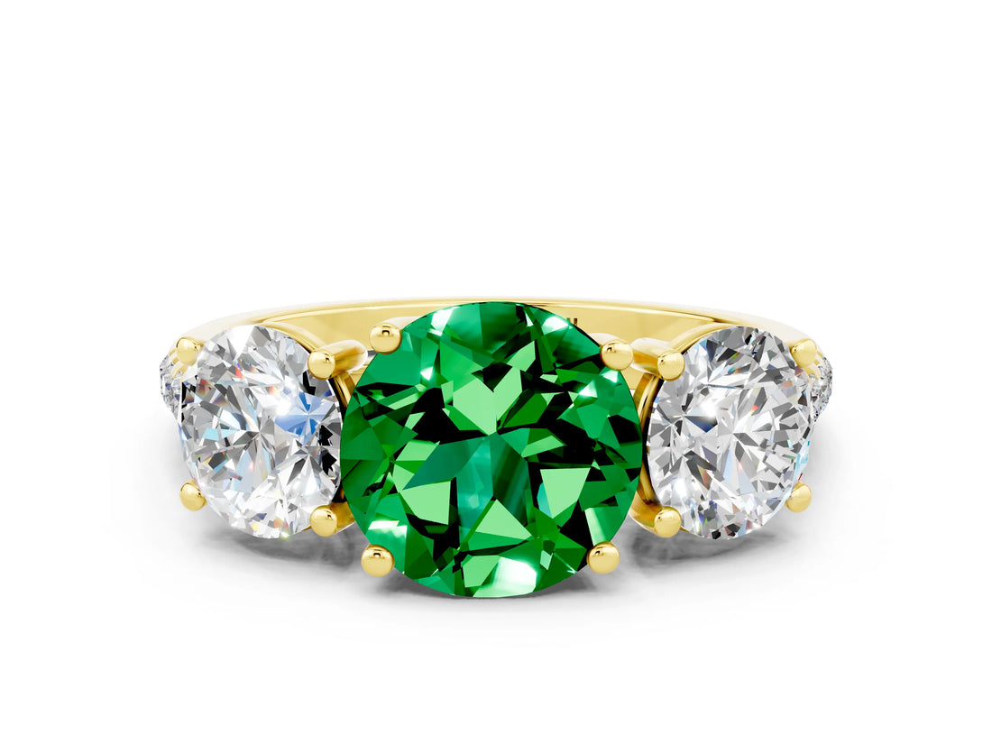 Yellow gold Three-Stone Round Cut Emerald Ring with Pavé Band and Prong Setting_12