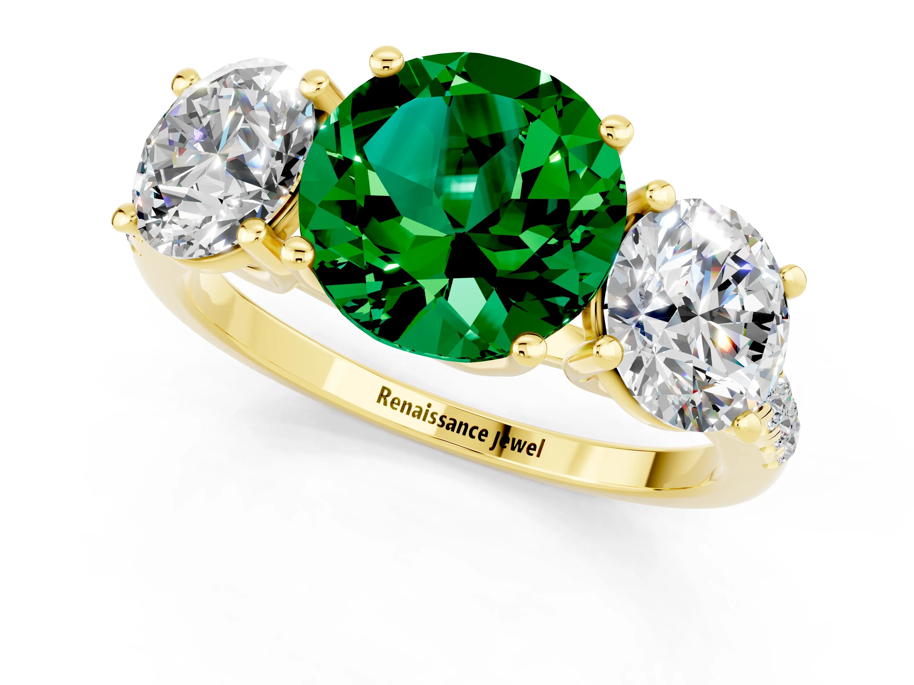 Yellow gold Three-Stone Round Cut Emerald Ring with Pavé Band and Prong Setting_13