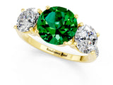 Yellow gold Three-Stone Round Cut Emerald Ring with Pavé Band and Prong Setting_13