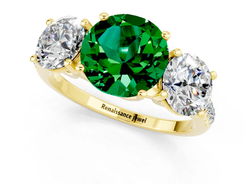 Yellow gold Three-Stone Round Cut Emerald Ring with Pavé Band and Prong Setting_13