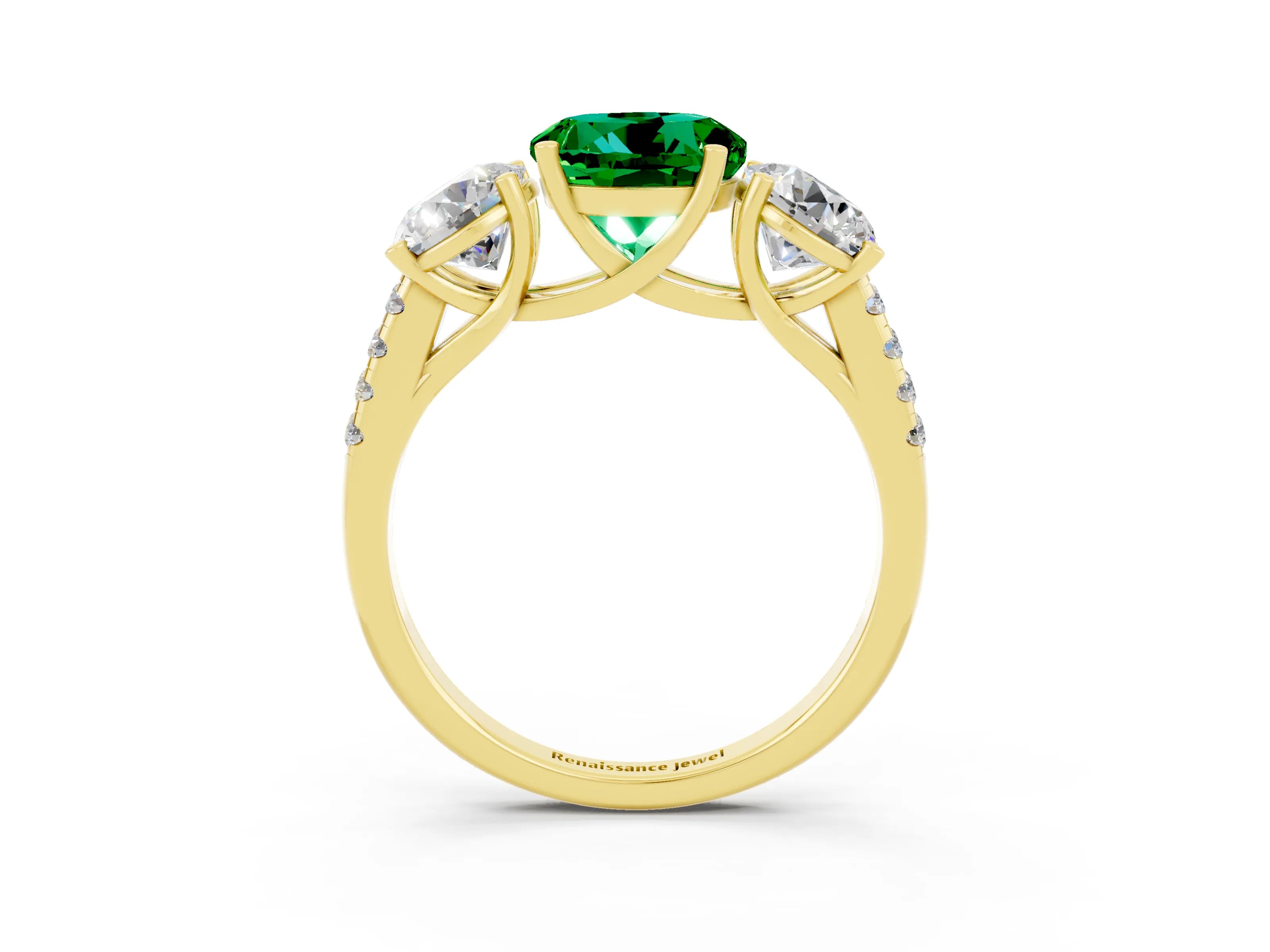 Yellow gold Three-Stone Round Cut Emerald Ring with Pavé Band and Prong Setting_15