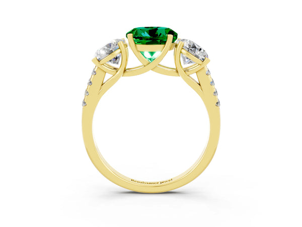 Yellow gold Three-Stone Round Cut Emerald Ring with Round  Pavé Band and Prong Setting