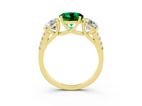 Yellow gold Three-Stone Round Cut Emerald Ring with Pavé Band and Prong Setting_15