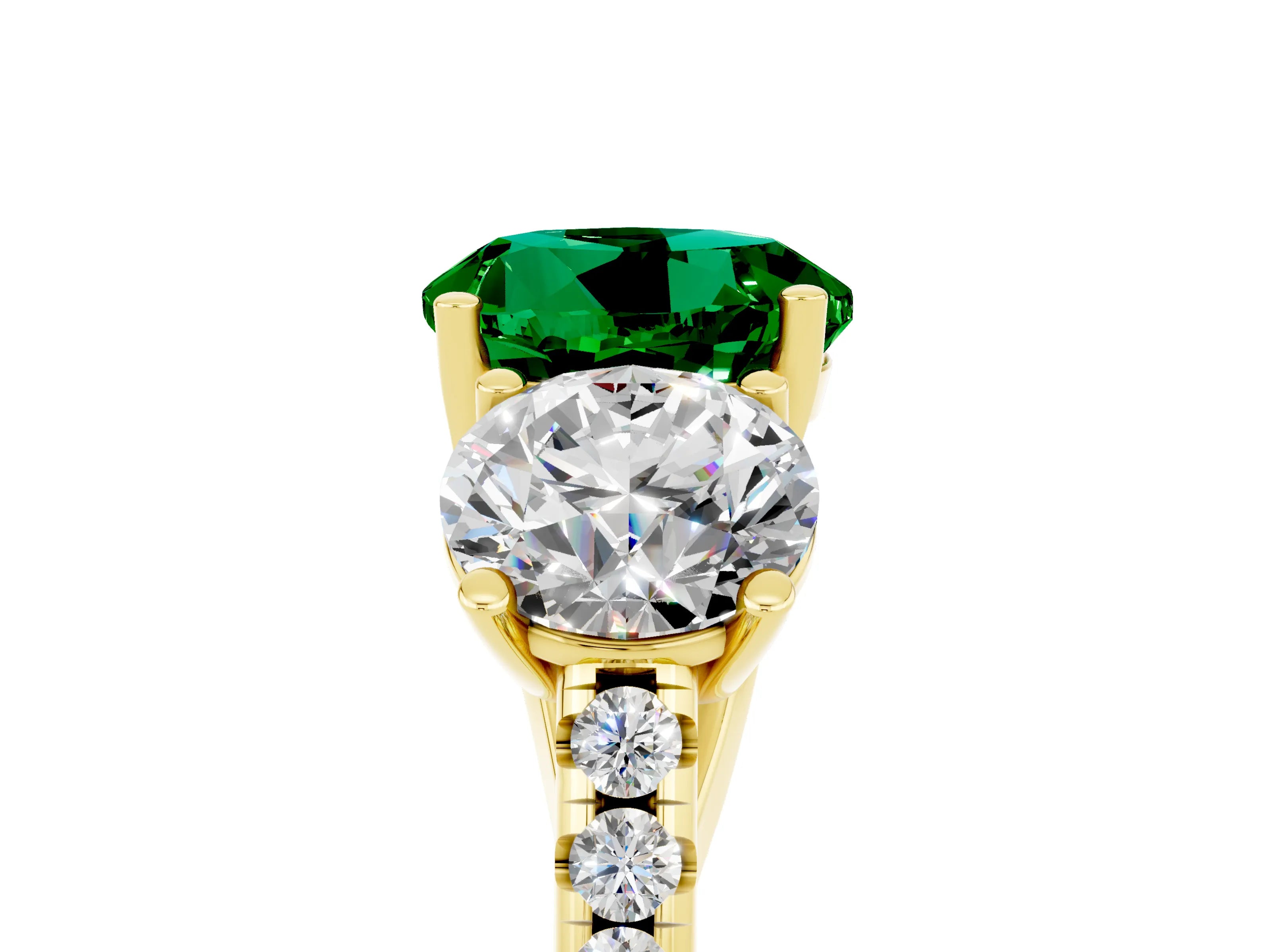 Yellow gold Three-Stone Round Cut Emerald Ring with Pavé Band and Prong Setting_17