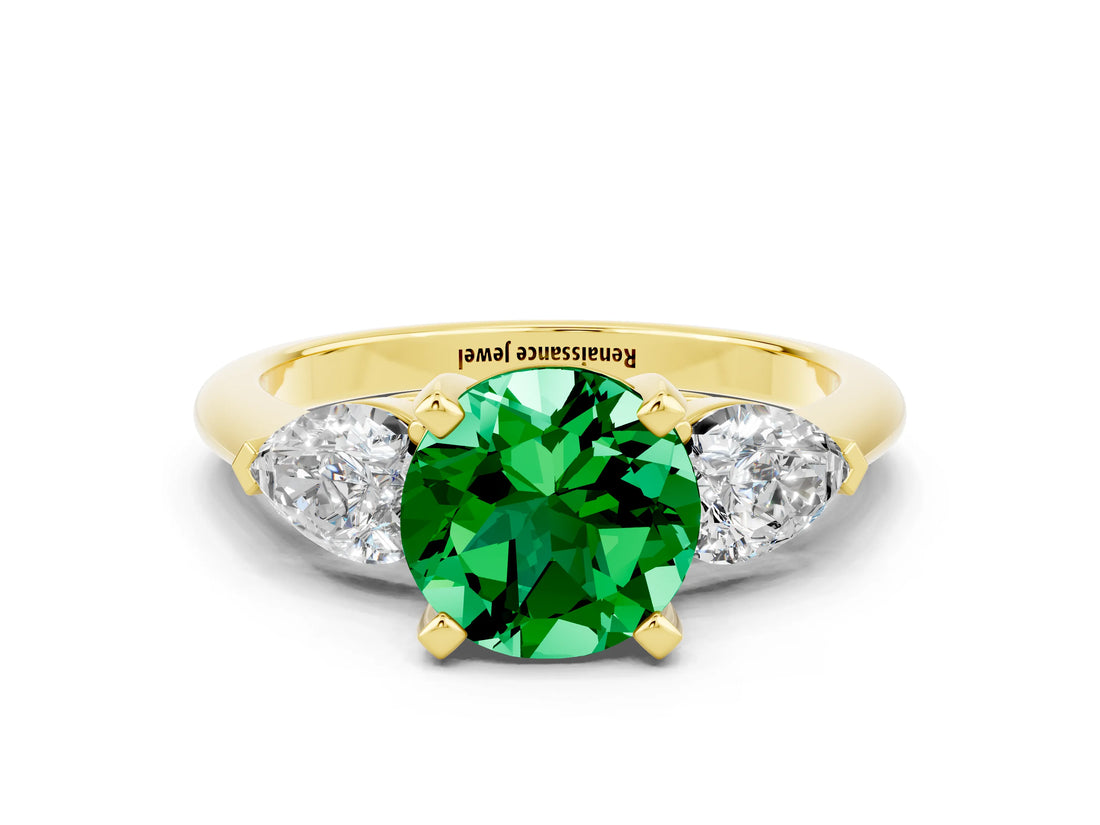 Yellow gold Three-Stone Round Cut Emerald Ring with Pear Side Stones and Four-Prong Setting