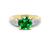 Yellow gold Three-Stone Round Cut Emerald Ring with Pear Side Stones and Four-Prong Setting