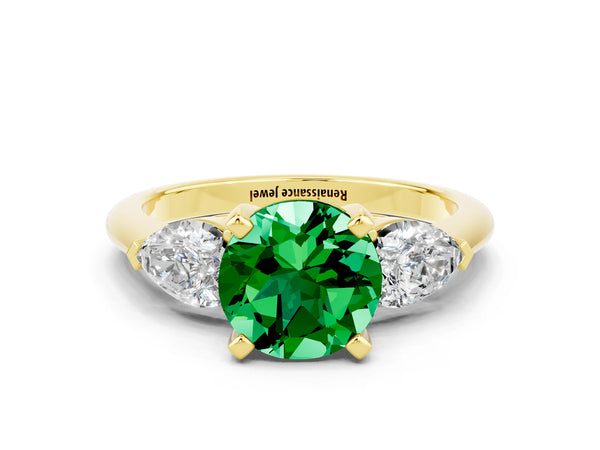 Yellow gold Three-Stone Round Cut Emerald Ring with Pear Side Stones and Four-Prong Setting