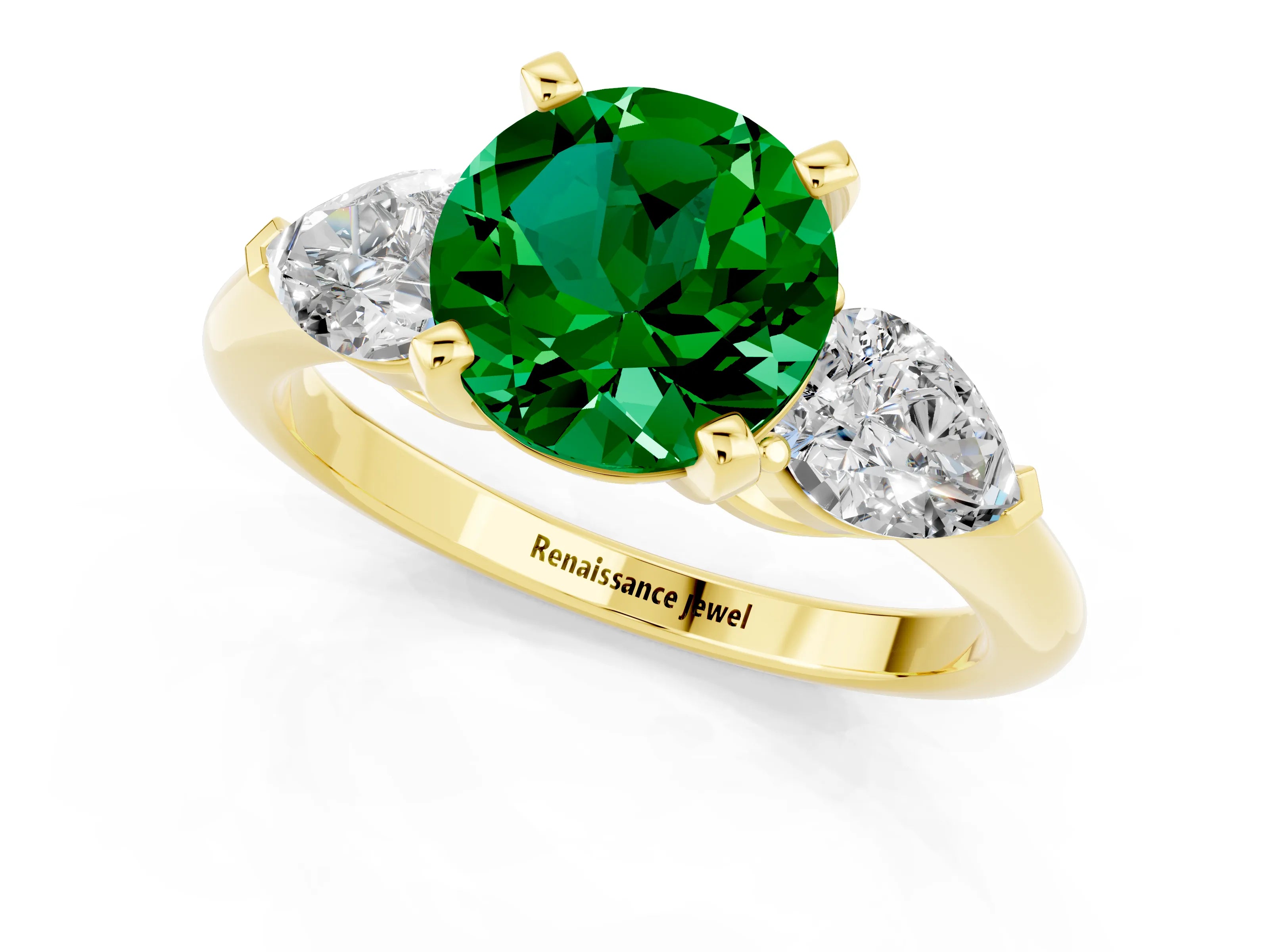 Yellow gold Three-Stone Round Cut Emerald Ring with Pear Side Stones and Four-Prong Setting_1
