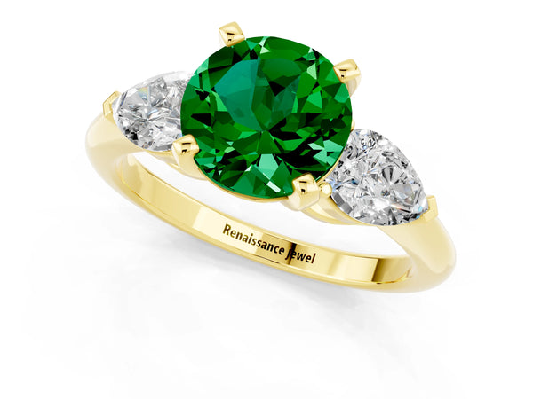 Yellow gold Three-Stone Round Cut Emerald Ring with Pear Side Stones and Four-Prong Setting