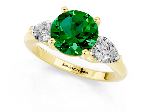 Yellow gold Three-Stone Round Cut Emerald Ring with Pear Side Stones and Four-Prong Setting_1