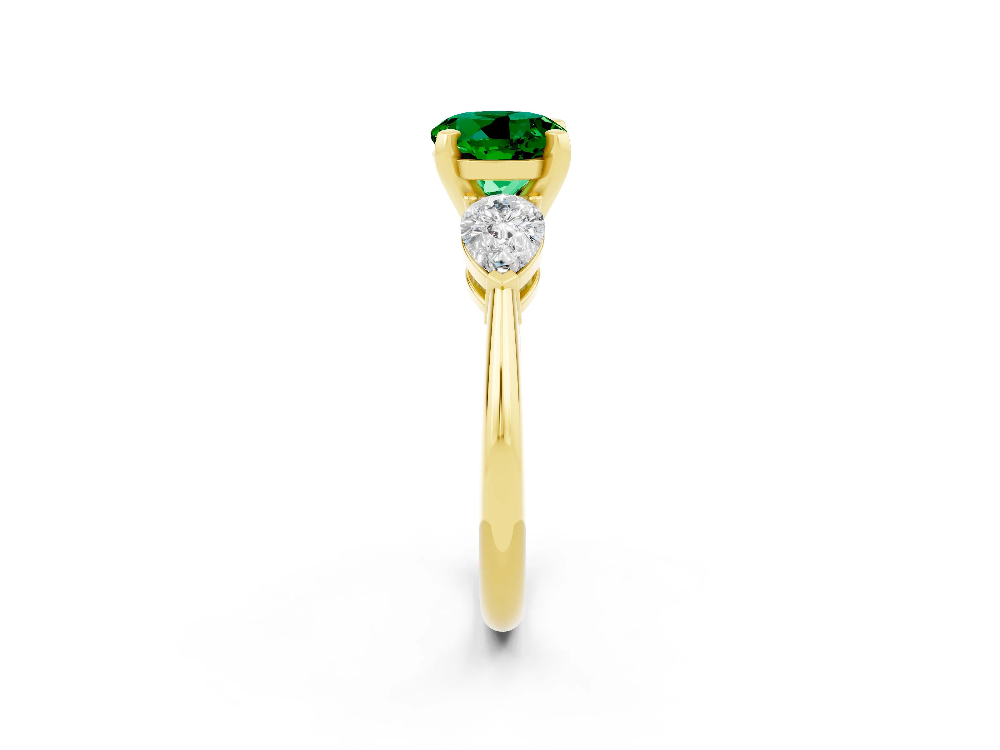 Yellow gold Three-Stone Round Cut Emerald Ring with Pear Side Stones and Four-Prong Setting_2