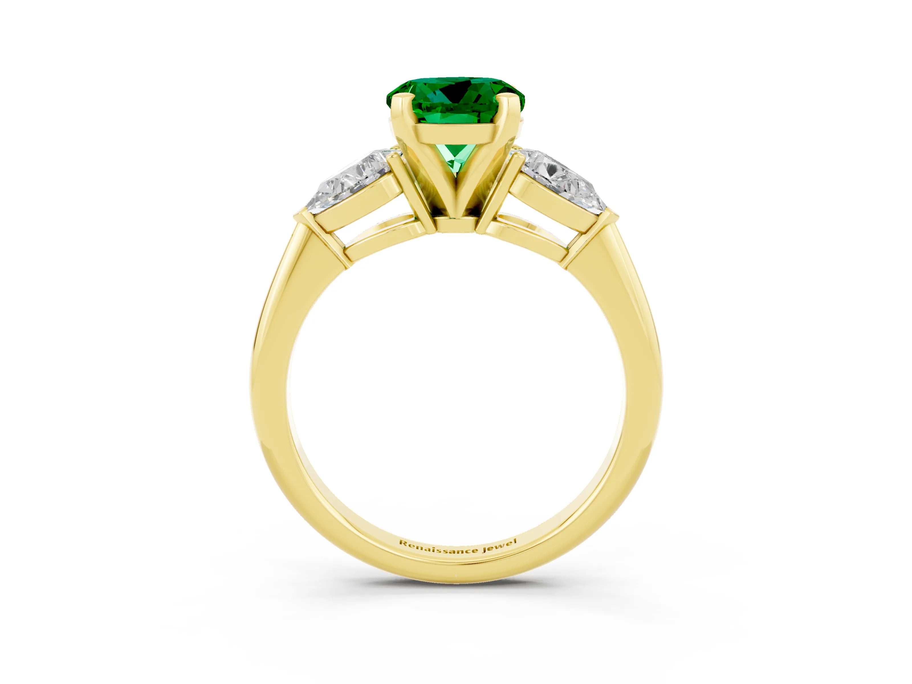 Yellow gold Three-Stone Round Cut Emerald Ring with Pear Side Stones and Four-Prong Setting_3