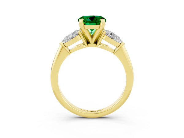 Yellow gold Three-Stone Round Cut Emerald Ring with Pear Side Stones and Four-Prong Setting