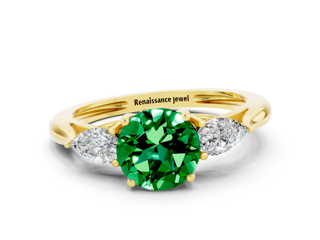 Yellow gold Three-Stone Round Cut Emerald Ring with Pear  Side Stones in Four-Prong Setting_12