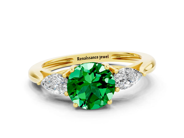 Yellow gold Three-Stone Round Cut Emerald Ring with Pear  Side Stones in Four-Prong Setting