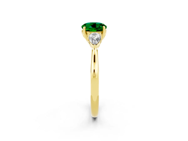 Yellow gold Three-Stone Round Cut Emerald Ring with Pear  Side Stones in Four-Prong Setting