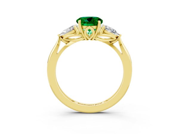 Yellow gold Three-Stone Round Cut Emerald Ring with Pear  Side Stones in Four-Prong Setting