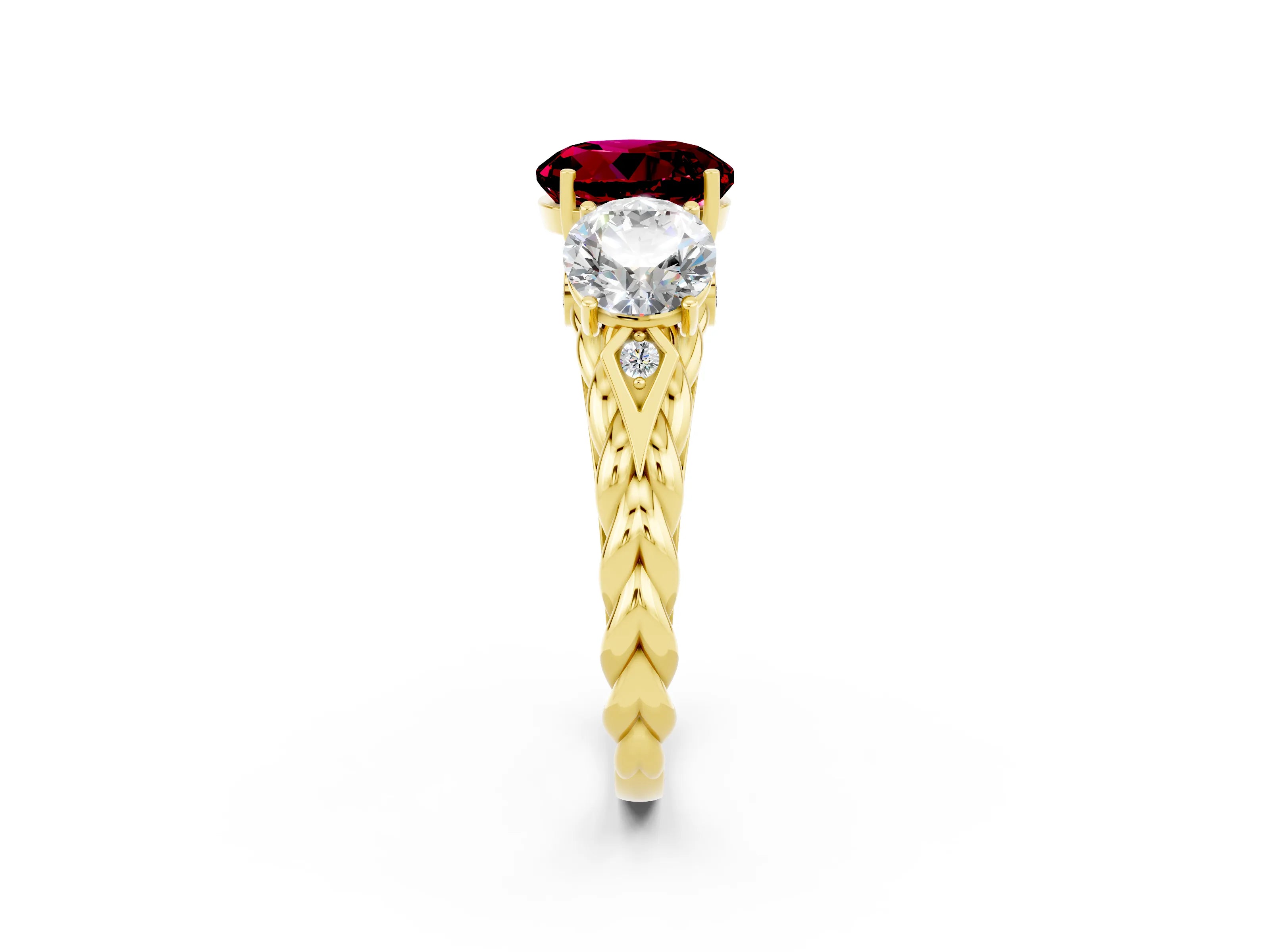 Yellow gold Three-Stone Round Cut Garnet Braided Band Ring with Four-Prong Setting_14