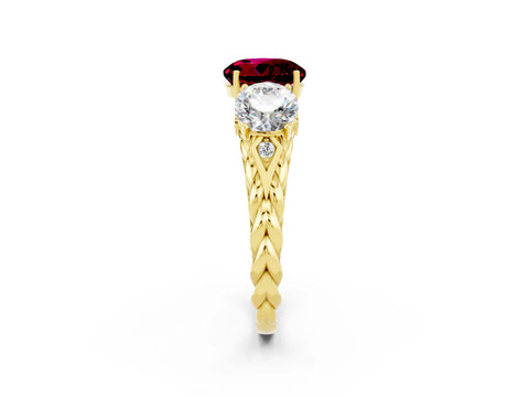Yellow gold Three-Stone Round Cut Garnet Braided Band Ring with Four-Prong Setting_14