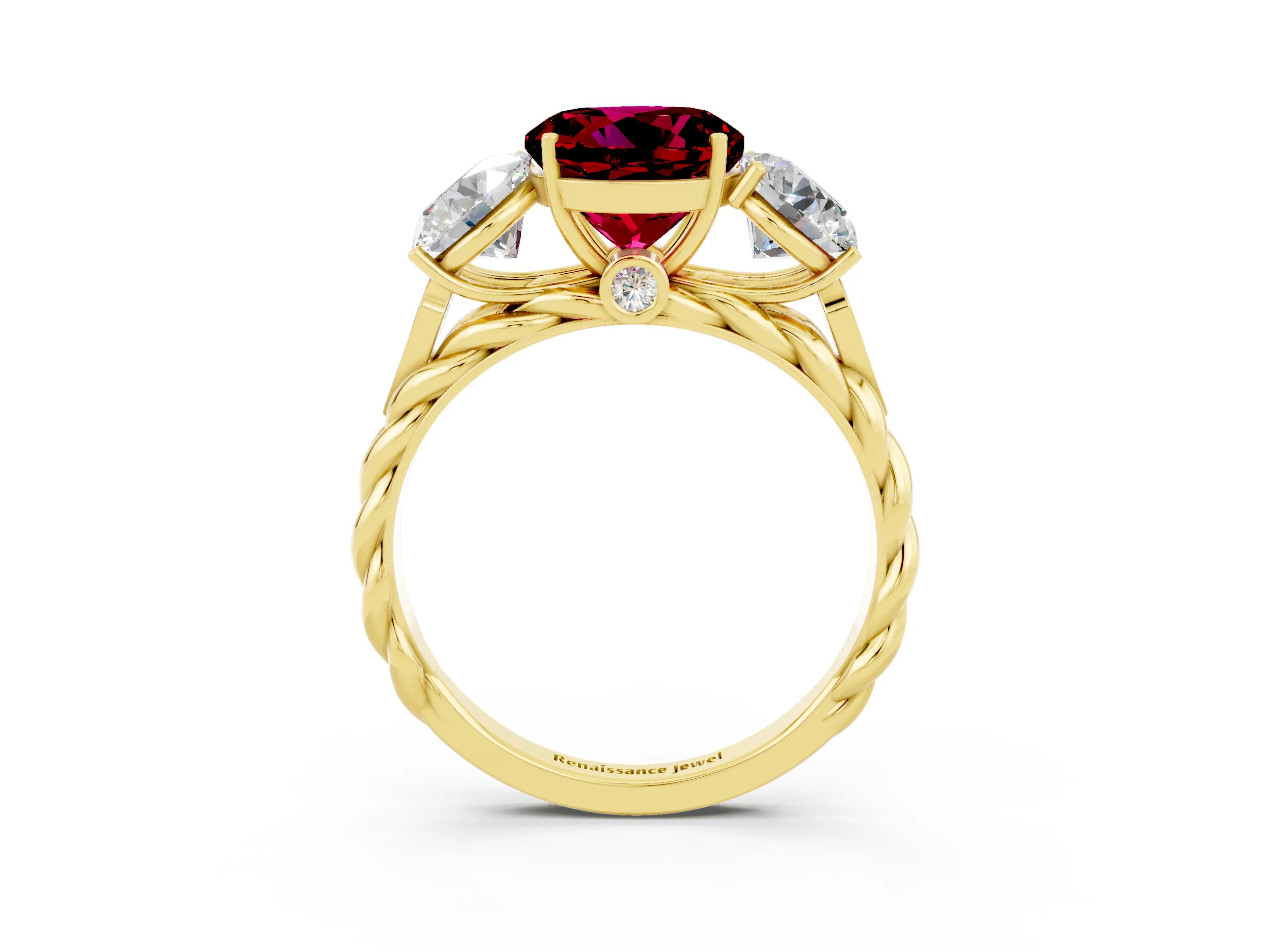 Yellow gold Three-Stone Round Cut Garnet Braided Band Ring with Four-Prong Setting_15