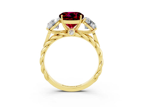 Yellow gold Three-Stone Round Cut Garnet Braided Band Ring with Four-Prong Setting_15
