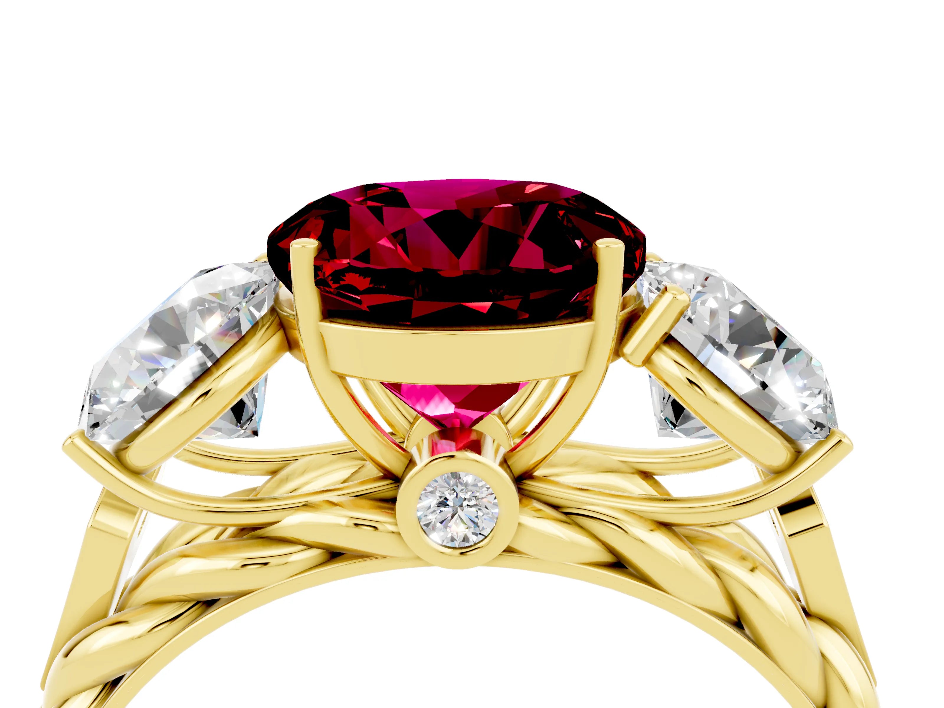 Yellow gold Three-Stone Round Cut Garnet Braided Band Ring with Four-Prong Setting_16