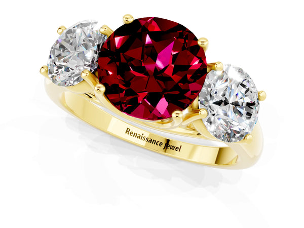Yellow gold Three-Stone Round Cut Garnet Engagement Ring with Prong Setting