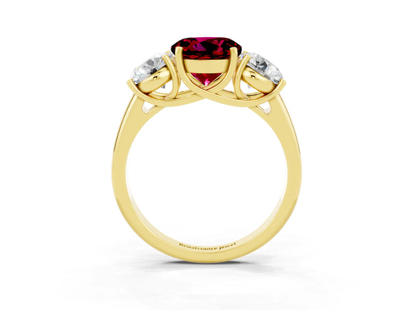 Yellow gold Three-Stone Round Cut Garnet Engagement Ring with Prong Setting
