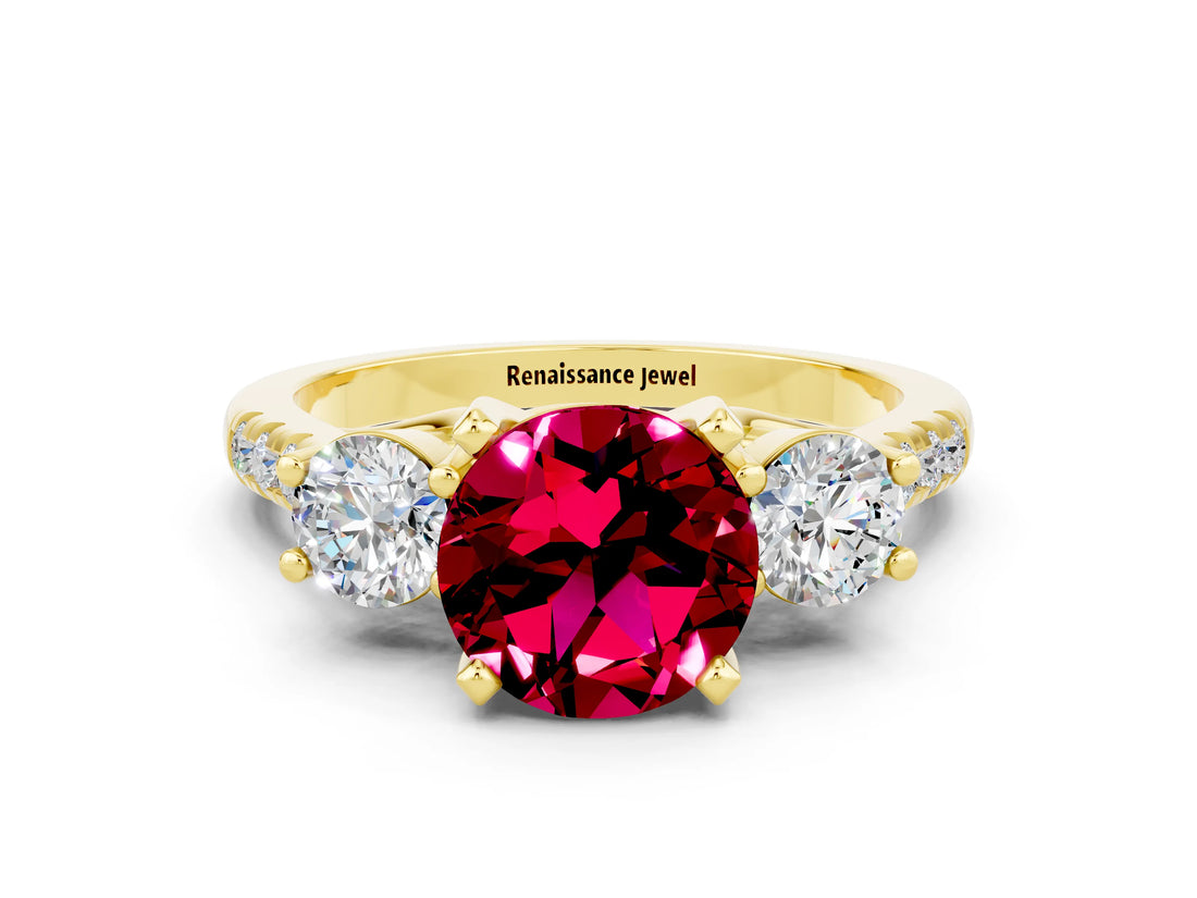 Yellow gold Three-Stone Round Cut Garnet Pavé Band with Four-Prong Setting