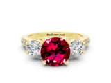 Yellow gold Three-Stone Round Cut Garnet Pavé Band with Four-Prong Setting
