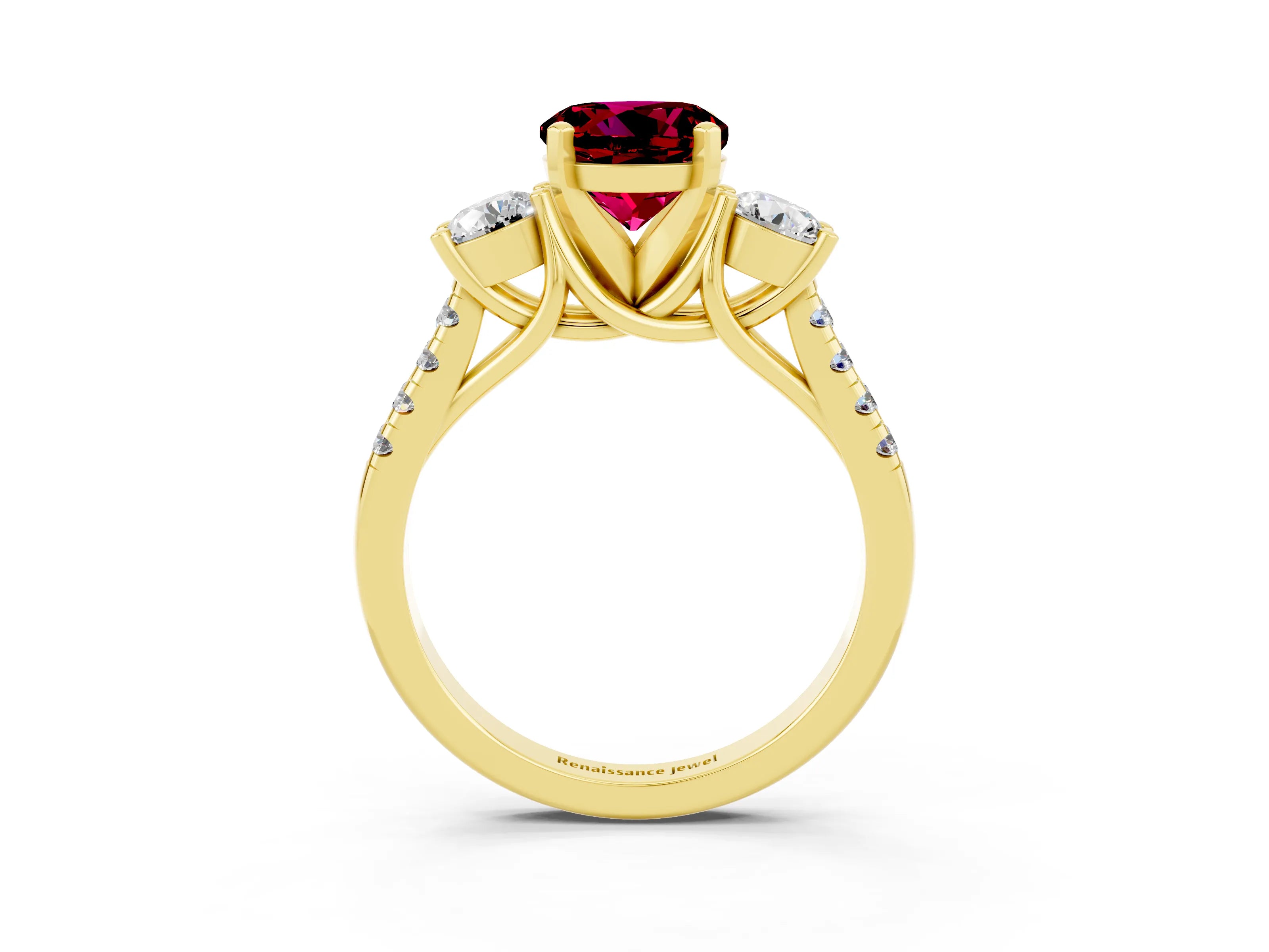 Yellow gold Three-Stone Round Cut Garnet Pavé Band with Four-Prong Setting_3