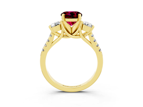 Yellow gold Three-Stone Round Cut Garnet Pavé Band with Four-Prong Setting