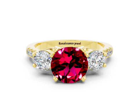 Yellow gold Three-Stone Round Cut Garnet Pavé Band with Four-Prong Setting