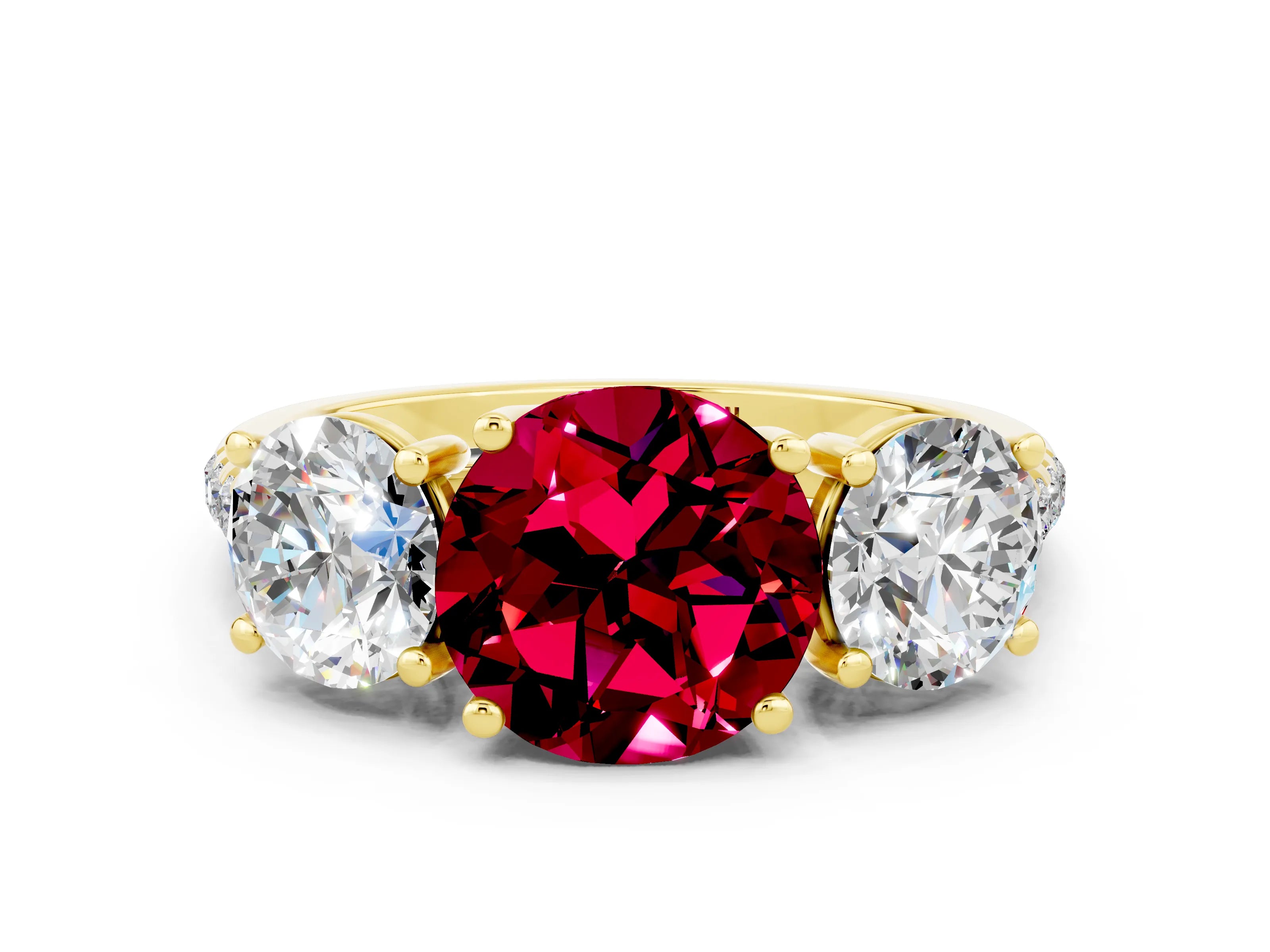 Yellow gold Three-Stone Round Cut Garnet Ring with Pavé Band and Prong Setting_12