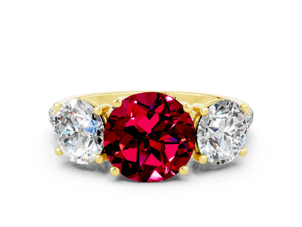 Yellow gold Three-Stone Round Cut Garnet Ring with Round  Pavé Band and Prong Setting