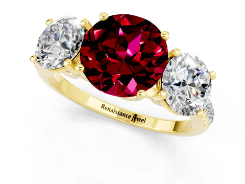 Yellow gold Three-Stone Round Cut Garnet Ring with Pavé Band and Prong Setting_13