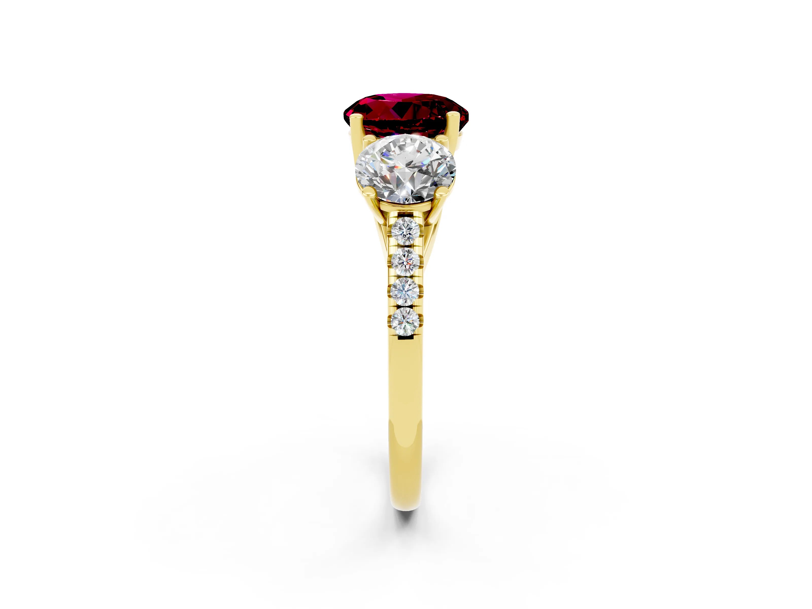 Yellow gold Three-Stone Round Cut Garnet Ring with Pavé Band and Prong Setting_14
