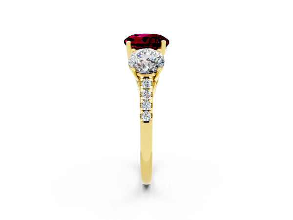 Yellow gold Three-Stone Round Cut Garnet Ring with Round  Pavé Band and Prong Setting