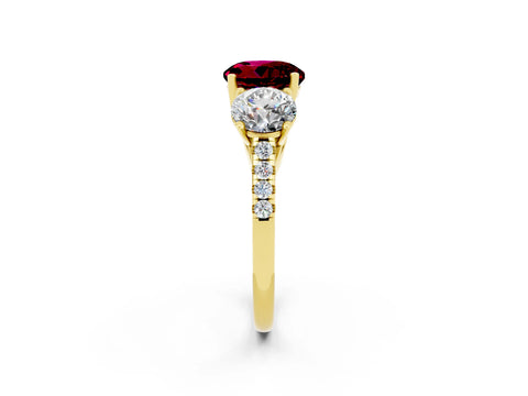 Yellow gold Three-Stone Round Cut Garnet Ring with Pavé Band and Prong Setting_14