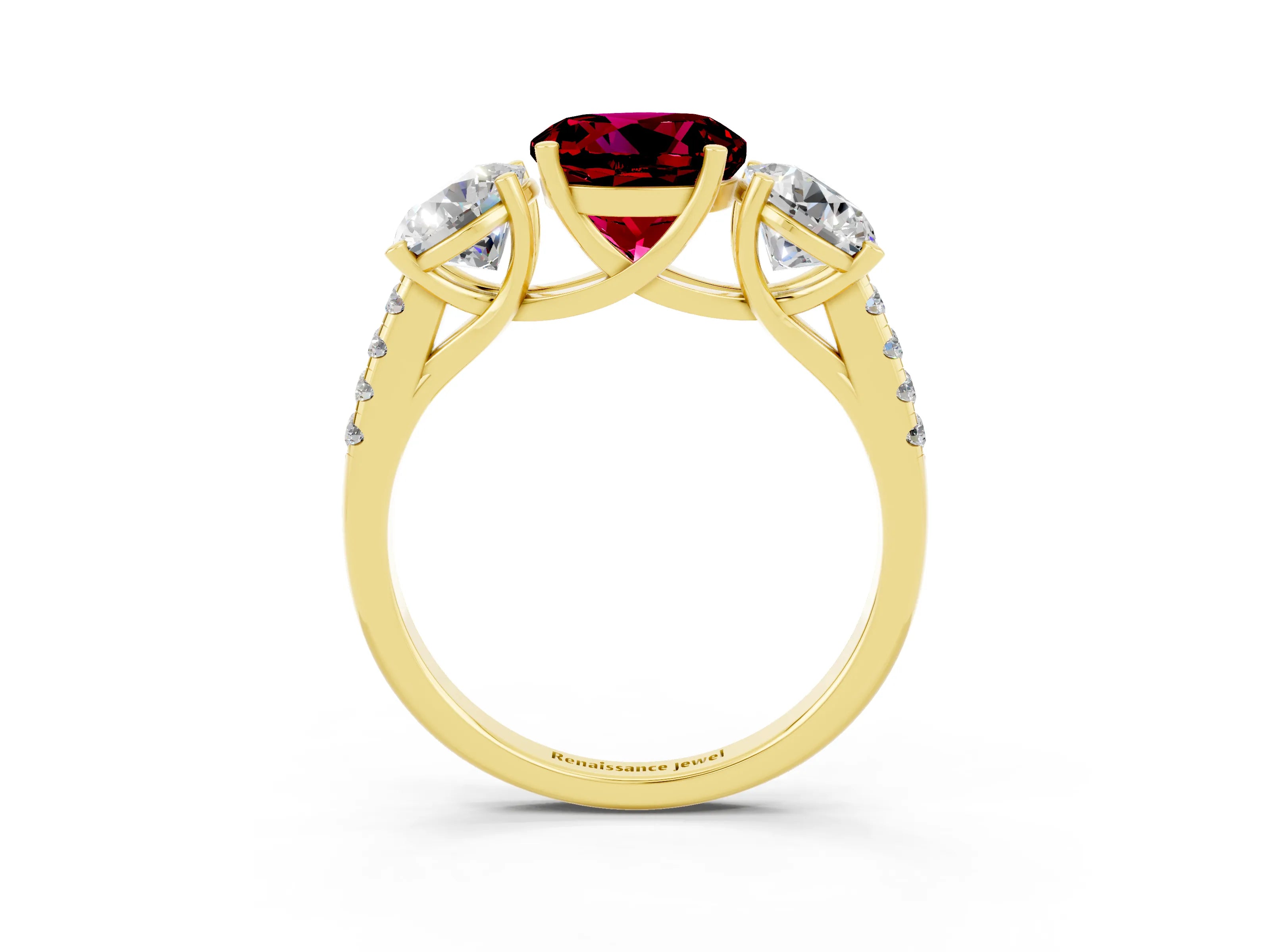 Yellow gold Three-Stone Round Cut Garnet Ring with Pavé Band and Prong Setting_15