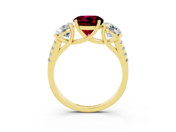 Yellow gold Three-Stone Round Cut Garnet Ring with Round  Pavé Band and Prong Setting