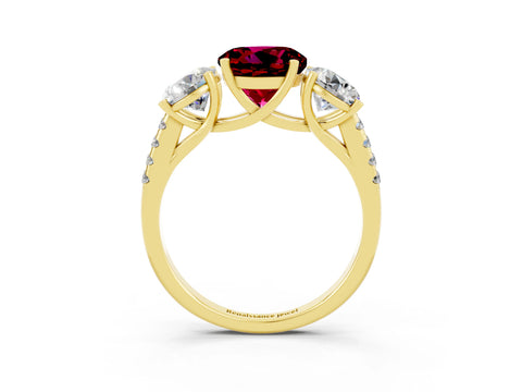 Yellow gold Three-Stone Round Cut Garnet Ring with Pavé Band and Prong Setting_15