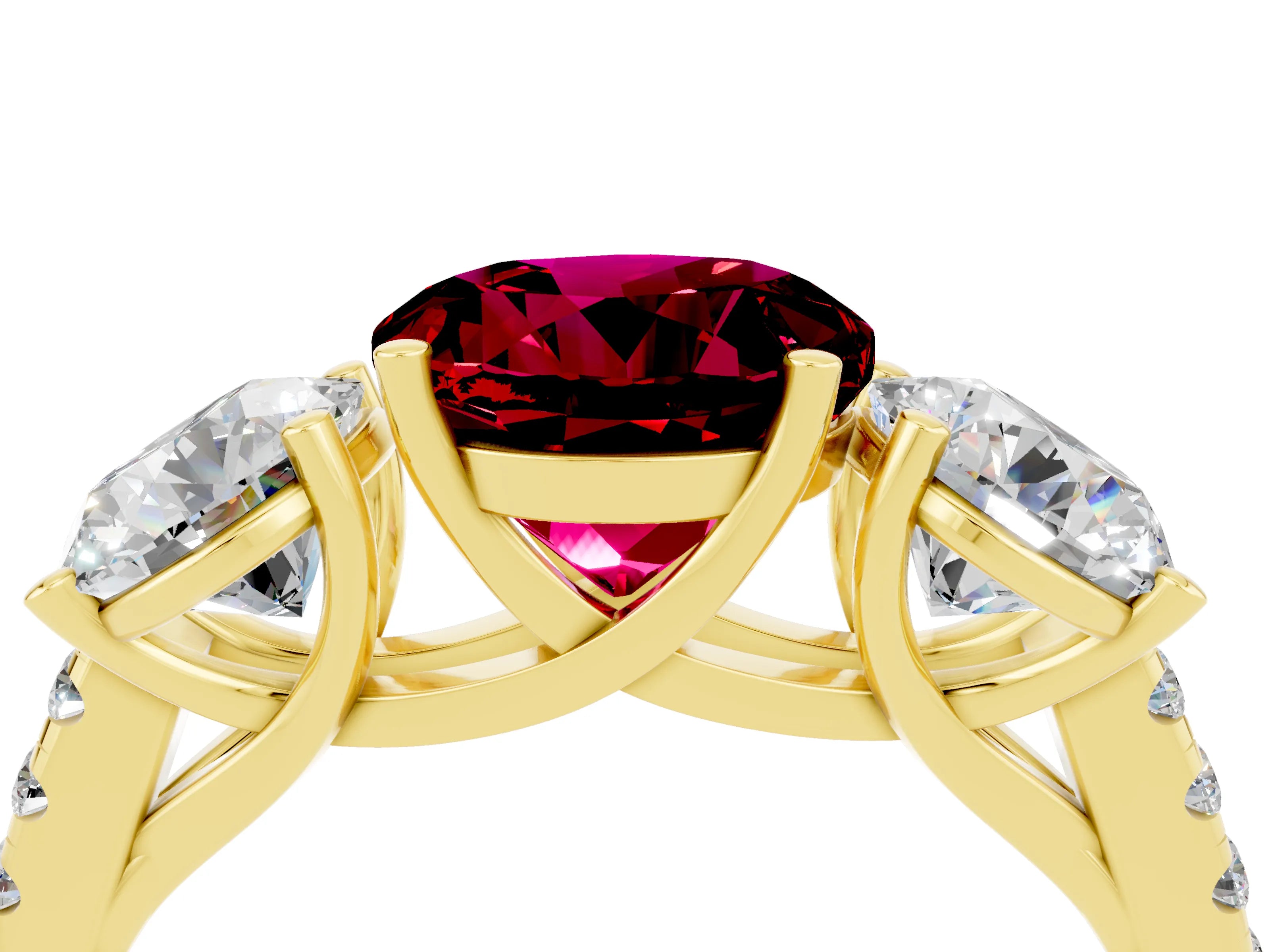 Yellow gold Three-Stone Round Cut Garnet Ring with Pavé Band and Prong Setting_16