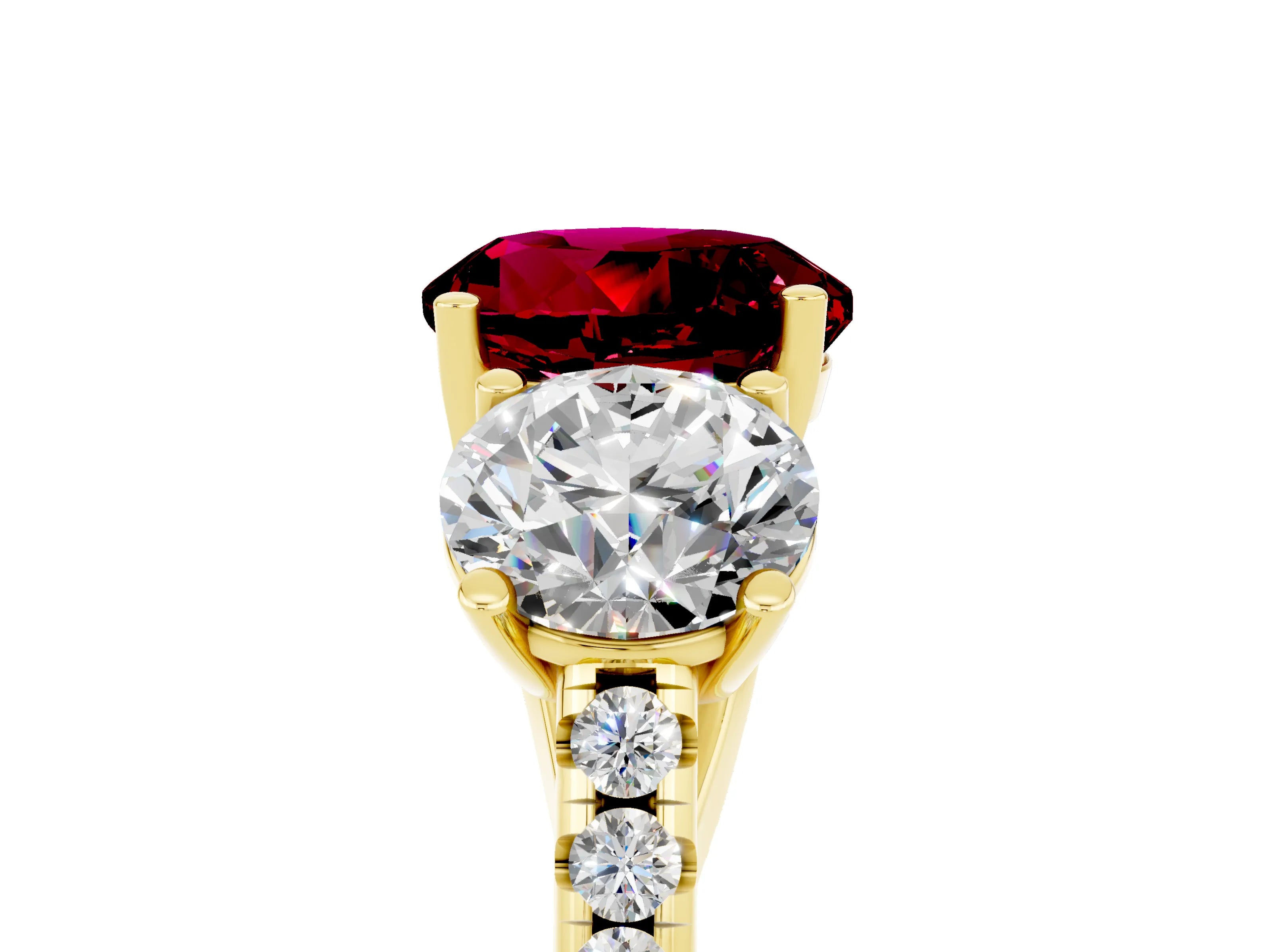 Yellow gold Three-Stone Round Cut Garnet Ring with Pavé Band and Prong Setting_17