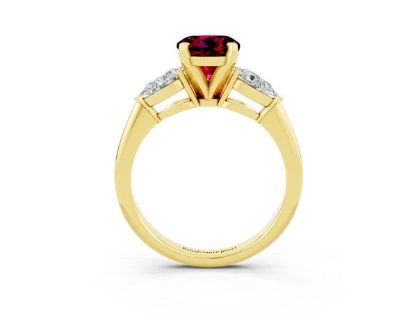 Yellow gold Three-Stone Round Cut Garnet Ring with Pear Side Stones and Four-Prong Setting