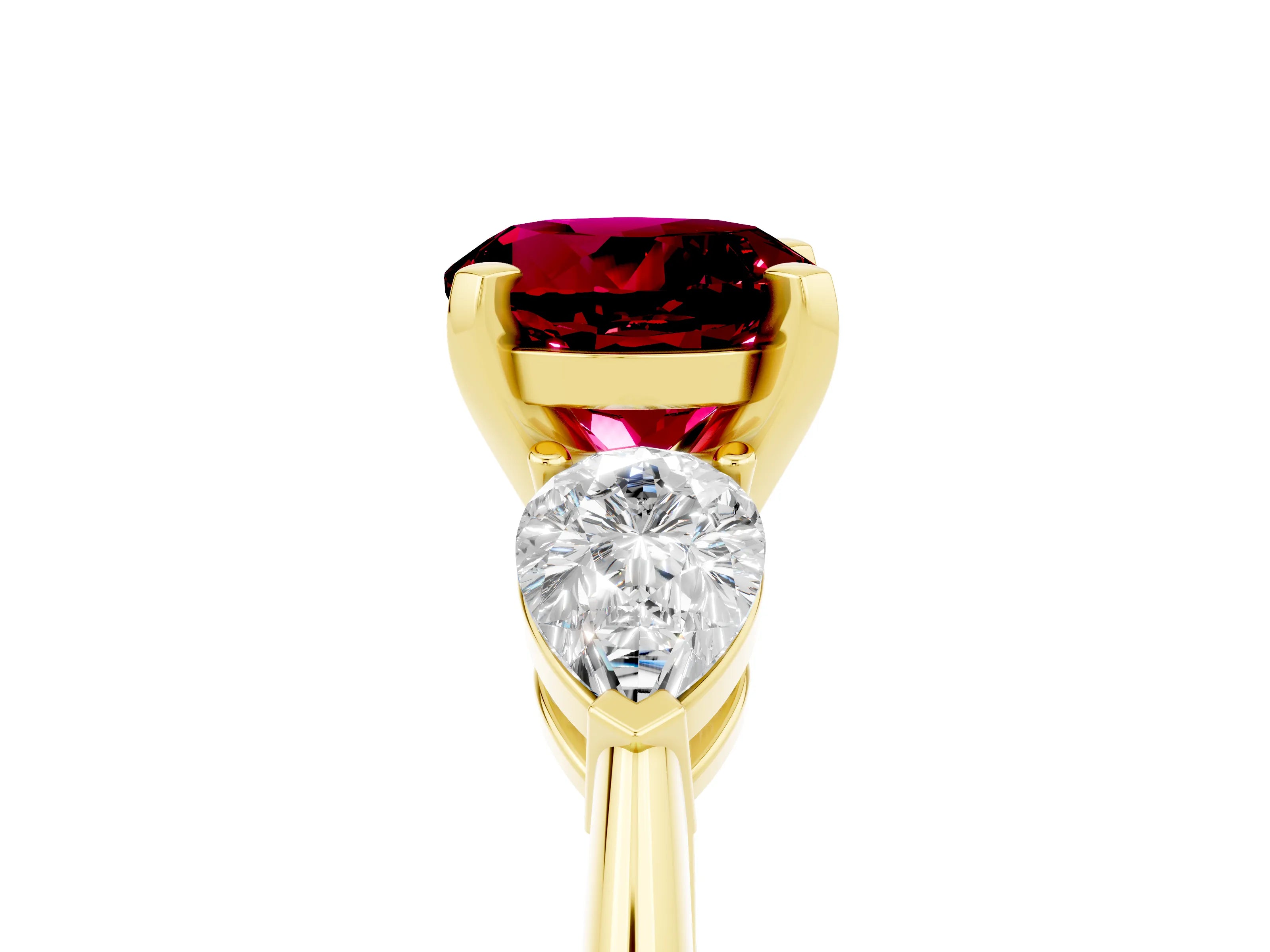 Yellow gold Three-Stone Round Cut Garnet Ring with Pear Side Stones and Four-Prong Setting_25