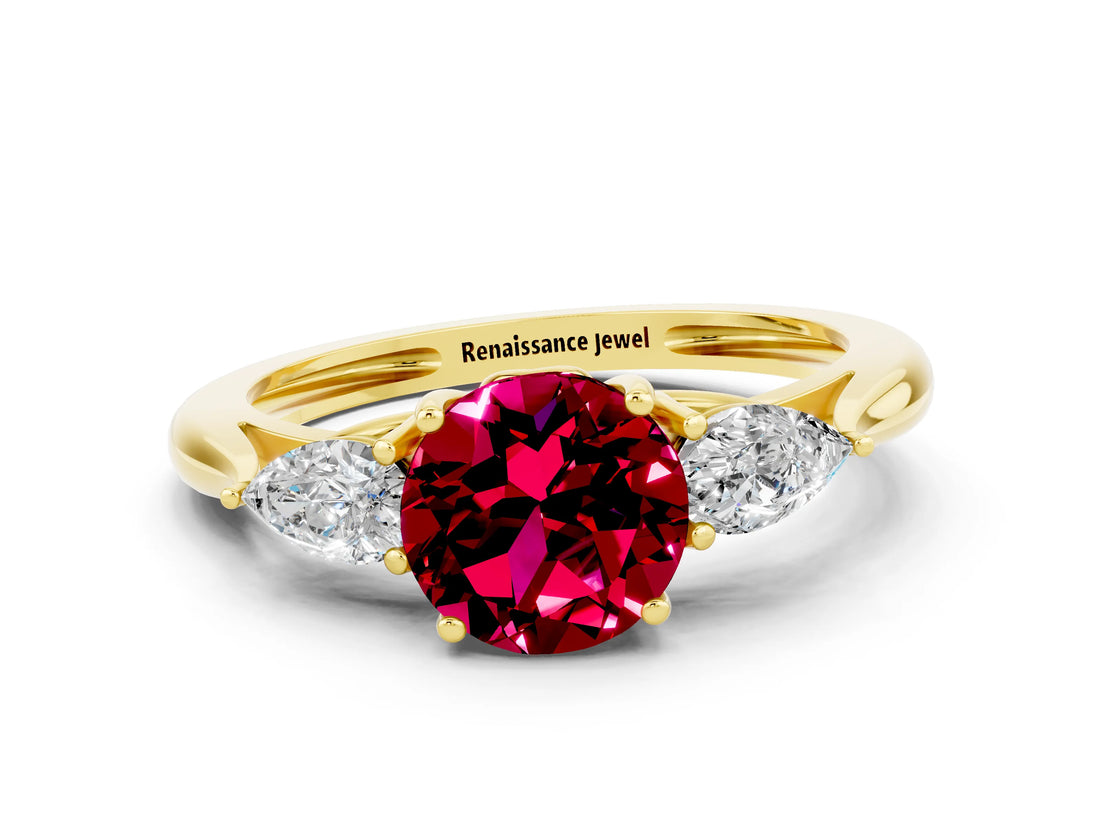 Yellow gold Three-Stone Round Cut Garnet Ring with Pear  Side Stones in Four-Prong Setting_12