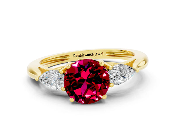 Yellow gold Three-Stone Round Cut Garnet Ring with Pear  Side Stones in Four-Prong Setting